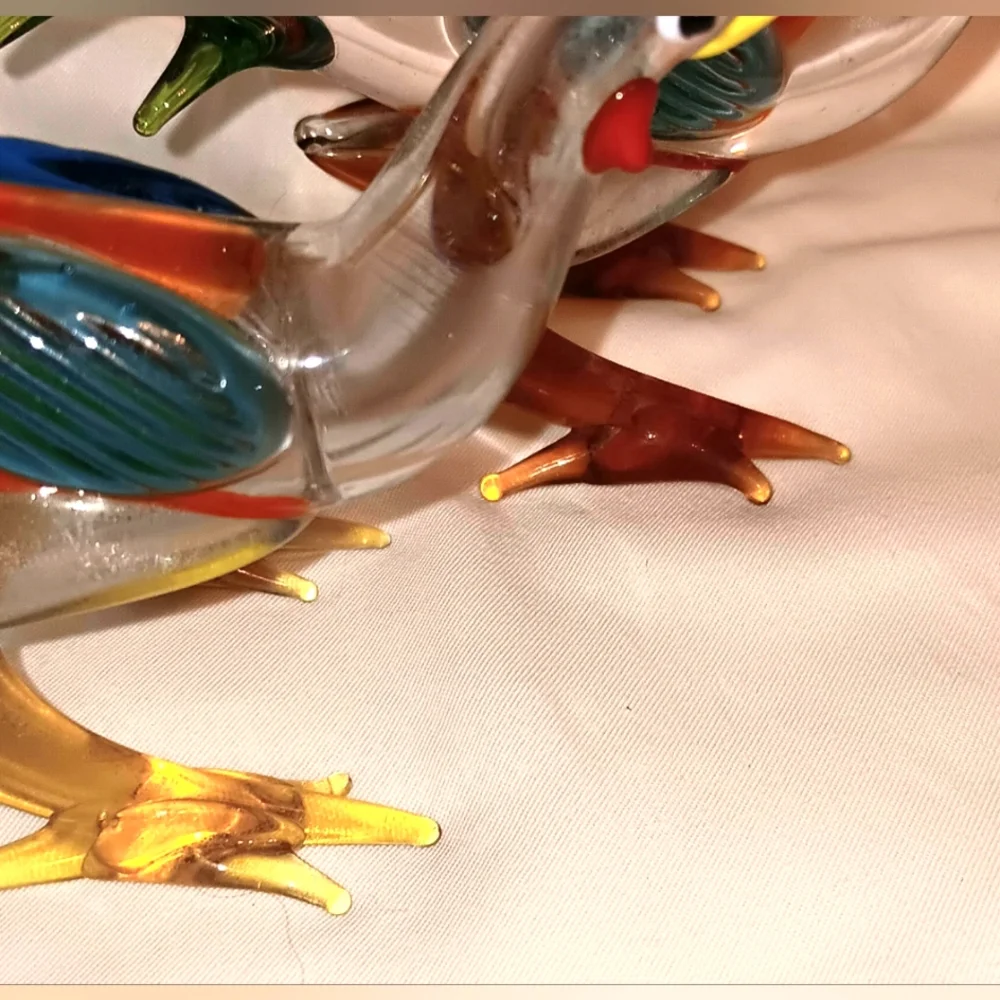 Set Of 2 Handblown Glass Bird Chicken Figure Multi Color Rooster Exotic Bird